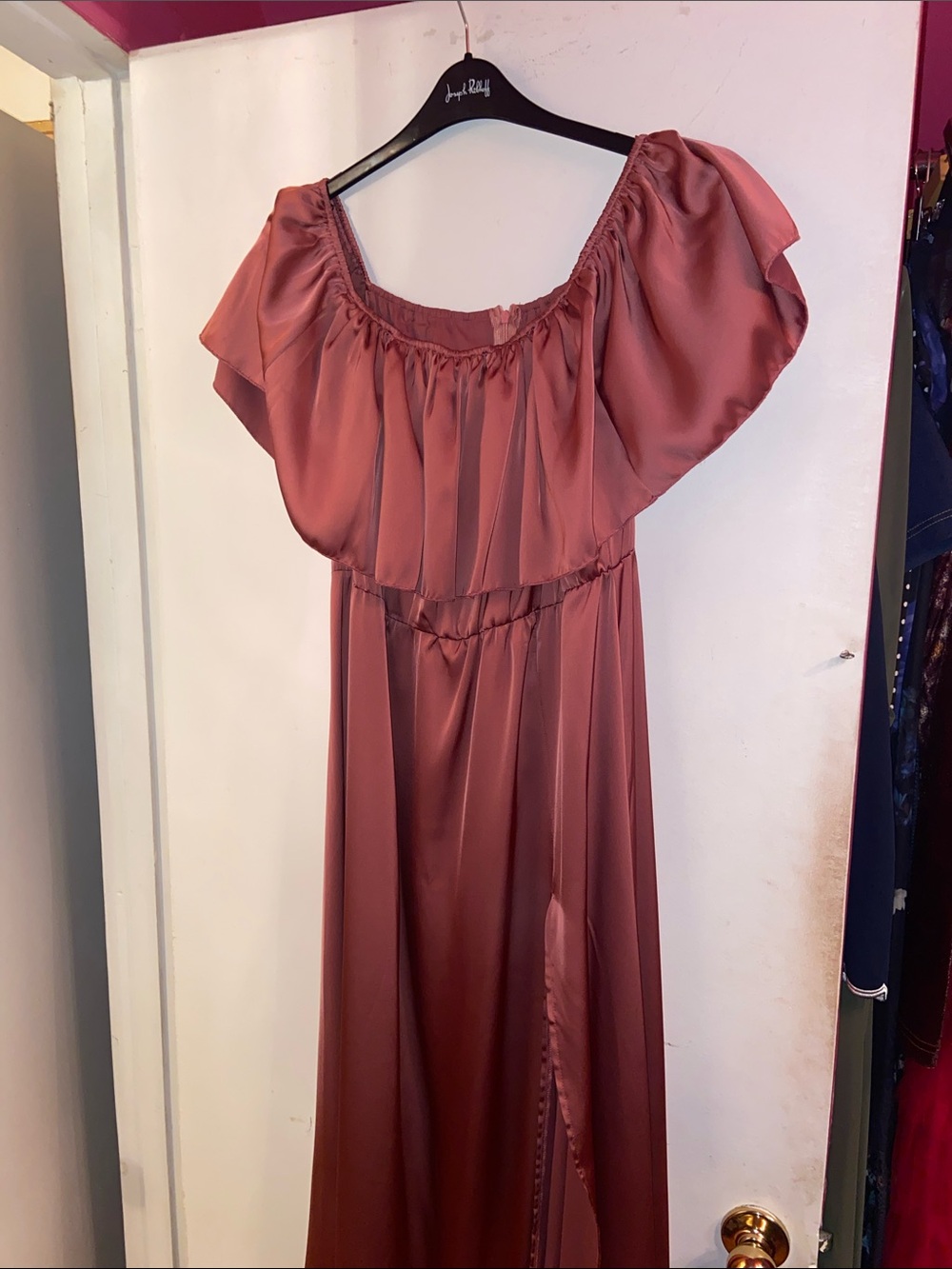 SHEIN Dusty Rose Off-Shoulder Satin Maxi Dress